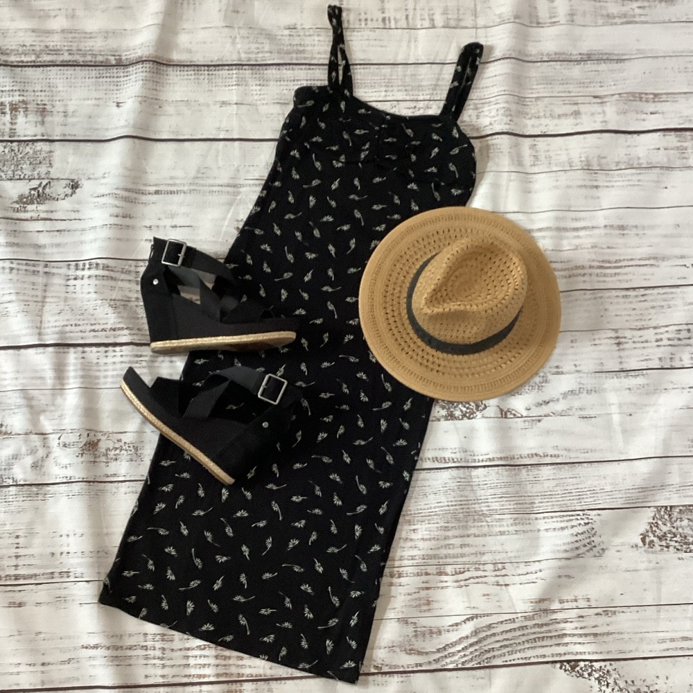 Black Printed Spaghetti-Strap Midi Dress